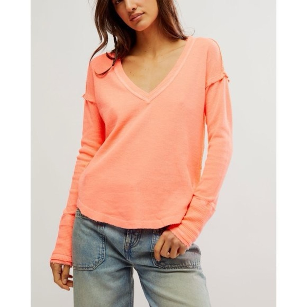 Free People Sail Away Long Sleeve Top In Fluorescent Coral
